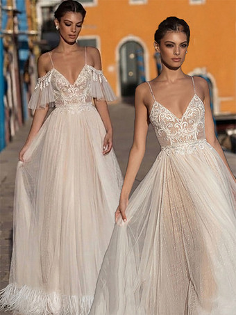 ボヘミアン風ウェディングドレス レース Aライン フロア丈 ナチュラルウエスト ファスナー付き 半袖 Vネック バニラクリーム