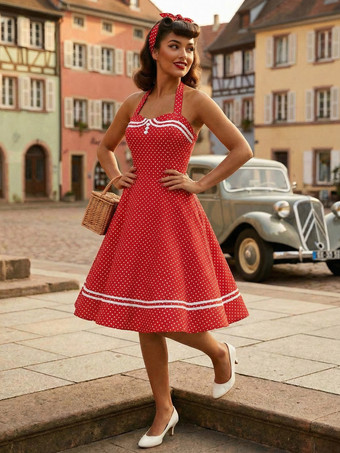 レッド レトログラマードレス 1950年代 オードリー ヘップバーン スタイル アクアティック チェック柄 バックレス ボタン ノースリーブ スウィートハートネック ミディアム ロカビリー ドレス