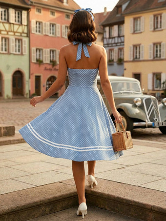 レトログラマードレス 1950年代 オードリー ヘップバーン スタイル アクアティック チェック柄 バックレス ボタン ノースリーブ スウィートハートネック ミディアム ロカビリー ドレス