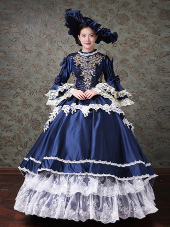 ブルー ヴィンテージ レディース ヴィクトリアン ロココ ドレス レーストリム フレアスリーブ ハイカラー レースフリル ボールガウン ドレス