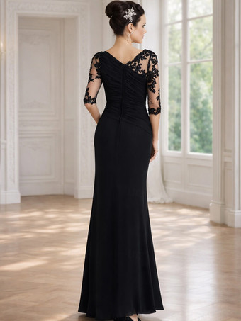 花嫁のマザードレスジュエルネック3/4レングススリーブシースプリーツボディコンロングウェディングゲストドレス