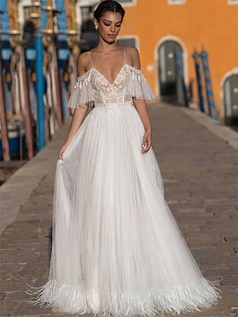 アイボリーボヘミアン風ウェディングドレス レース Aライン フロア丈 ナチュラルウエスト ファスナー付き 半袖 Vネック バニラクリーム