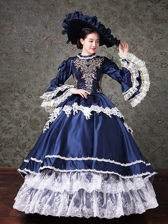 ヴィンテージ レディース ヴィクトリアン ロココ ドレス レーストリム フレアスリーブ ハイカラー レースフリル ボールガウン ドレス