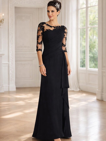 ブラック花嫁のマザードレスジュエルネック3/4レングススリーブシースプリーツボディコンロングウェディングゲストドレス