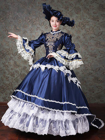 ヴィンテージ レディース ヴィクトリアン ロココ ドレス レーストリム フレアスリーブ ハイカラー レースフリル ボールガウン ドレス