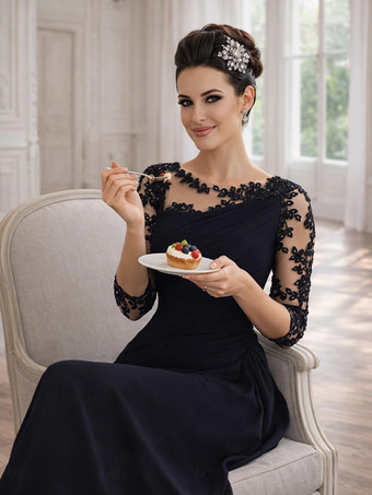 花嫁のマザードレスジュエルネック3/4レングススリーブシースプリーツボディコンロングウェディングゲストドレス