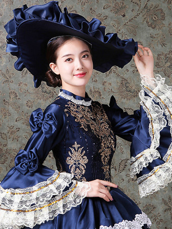 ヴィンテージ レディース ヴィクトリアン ロココ ドレス レーストリム フレアスリーブ ハイカラー レースフリル ボールガウン ドレス