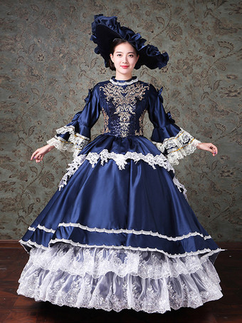 ヴィンテージ レディース ヴィクトリアン ロココ ドレス レーストリム フレアスリーブ ハイカラー レースフリル ボールガウン ドレス