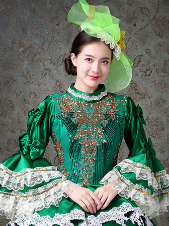 ヴィンテージ レディース ヴィクトリアン ロココ ドレス レーストリム フレアスリーブ ハイカラー レースフリル ボールガウン ドレス