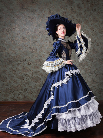 ヴィンテージ レディース ヴィクトリアン ロココ ドレス レーストリム フレアスリーブ ハイカラー レースフリル ボールガウン ドレス