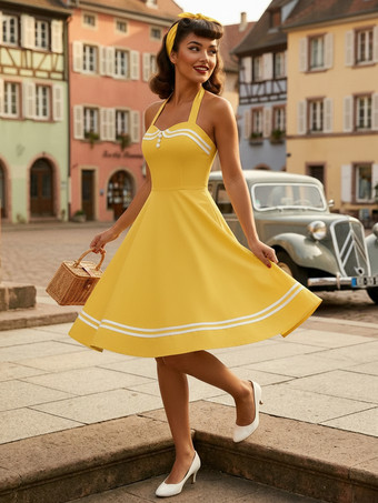 イエローレトログラマードレス 1950年代 オードリー ヘップバーン スタイル アクアティック チェック柄 バックレス ボタン ノースリーブ スウィートハートネック ミディアム ロカビリー ドレス