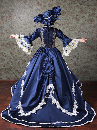 ヴィンテージ レディース ヴィクトリアン ロココ ドレス レーストリム フレアスリーブ ハイカラー レースフリル ボールガウン ドレス