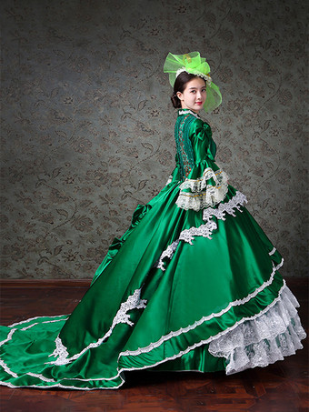 ヴィンテージ レディース ヴィクトリアン ロココ ドレス レーストリム フレアスリーブ ハイカラー レースフリル ボールガウン ドレス