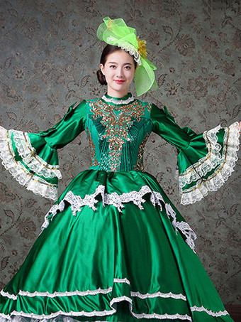 ヴィンテージ レディース ヴィクトリアン ロココ ドレス レーストリム フレアスリーブ ハイカラー レースフリル ボールガウン ドレス