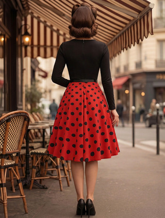 ヴィンテージ風水玉模様スイングドレス（女性用） - 1950年代ロカビリー風長袖ベルト付きAラインミディドレス - 2026年春レトロパーティー