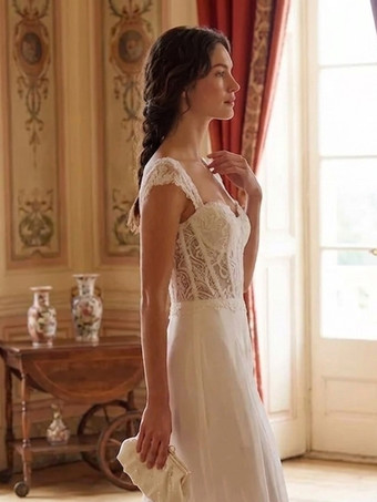 ブライダルジャンプスーツ レースアップリケ フロア丈ジャンプスーツ デザインネックライン 半袖 ナチュラルウエスト アイボリー