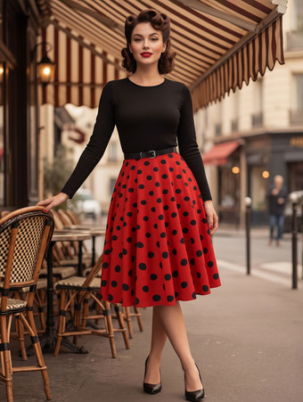 ヴィンテージ風水玉模様スイングドレス（女性用） - 1950年代ロカビリー風長袖ベルト付きAラインミディドレス - 2026年春レトロパーティー