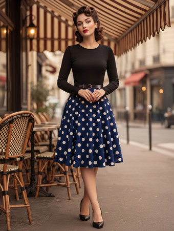 ブルー ヴィンテージ風水玉模様スイングドレス（女性用） - 1950年代ロカビリー風長袖ベルト付きAラインミディドレス - 2026年春レトロパーティー
