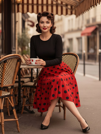 ヴィンテージ風水玉模様スイングドレス（女性用） - 1950年代ロカビリー風長袖ベルト付きAラインミディドレス - 2026年春レトロパーティー