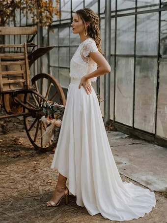 3ピースウェディングドレス レースジュエルネック Aライン スイープジッパー 半袖