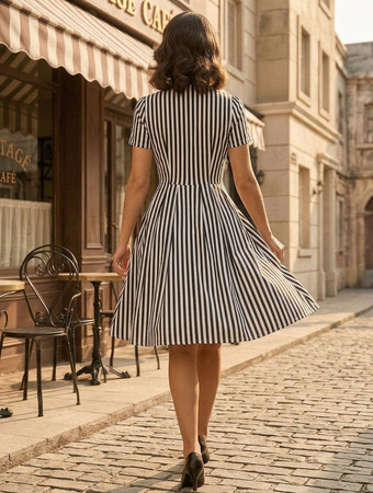 ヴィンテージ1950年代ストライプティードレス（女性用） - Aラインボタンフロントボウタイネックスイングミディドレス - 夏のカジュアルピクニック 2026