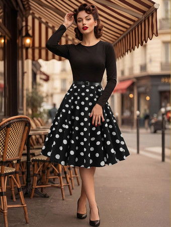 ブラック ヴィンテージ風水玉模様スイングドレス（女性用） - 1950年代ロカビリー風長袖ベルト付きAラインミディドレス - 2026年春レトロパーティー
