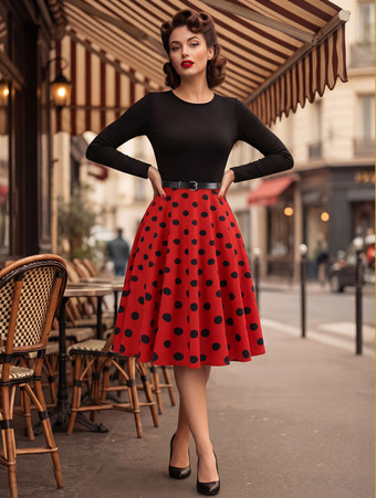 レッド ヴィンテージ風水玉模様スイングドレス（女性用） - 1950年代ロカビリー風長袖ベルト付きAラインミディドレス - 2026年春レトロパーティー