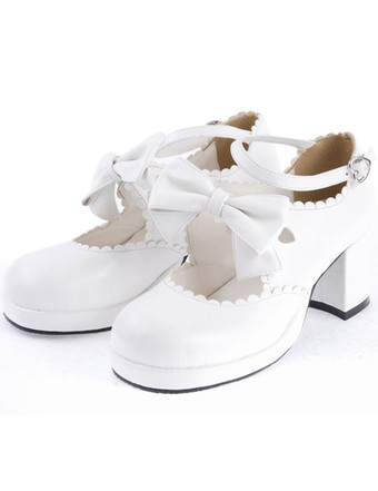 Sweet White Chunky Heels Lolita Shoes Ankle Strap Bow Decor Round Toe