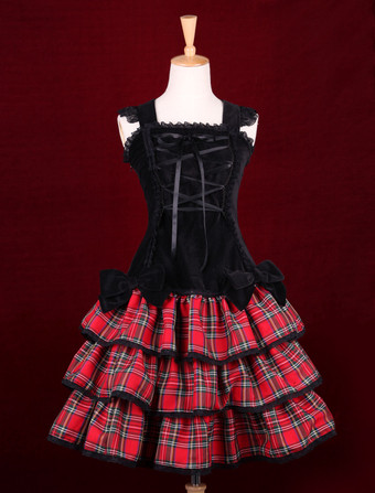 Lolitashow Noir rouge Ginghamn Lolita pull robe lacets multicouche