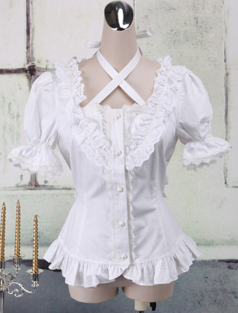 Lolitashow White Cotton Lolita Blouse Short Sleeves Neck Straps Lace Trim Ruffles