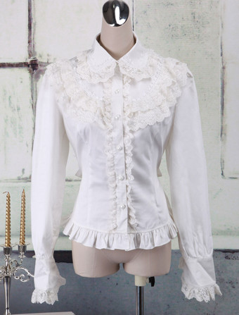 Lolitashow White Cotton Lolita Blouse Long Sleeves Lace Trim Turn-down Collar Ruffles