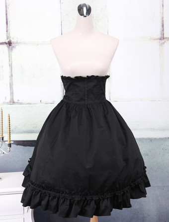 Lolitashow Gothic Black Cotton Ruffles Lolita Skirt