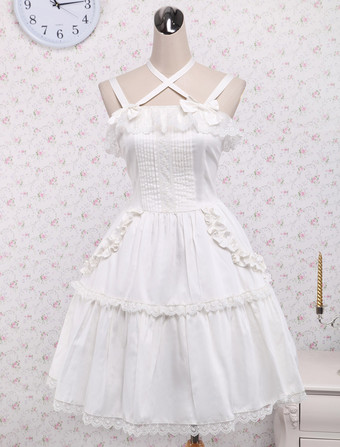Lolitashow Pure White Cotton Lolita Jumper Skirt Lace Trim Lace Up Ruffles