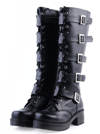 Lolitashow Gothic Black Lolita Boots Square Heels Platform Shoelace Straps Buckles