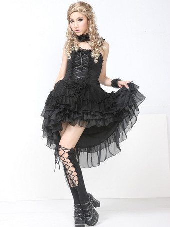Lolitashow Vestido negro de lolita de algodón con tirantes y volantes de estilo de Punk