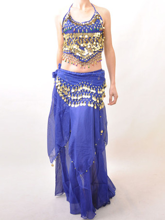 ベリーダンス衣装　コスチューム ブルー　スパンコール アラビアン 衣装　シフォン　女性用　ボリウッド　ダンスセット
