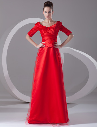 イブニングドレス Vネック プロムドレス ボールガウンライン パーティードレス レッド サテン ファスナー ロング丈 五分袖 フォーマルドレス 演奏会ドレス 結婚式 二次会ドレス 発表会 ナチュラルウェストライン ウェディング ティアード