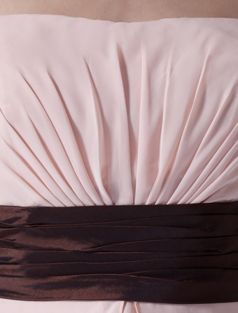 ピーチ　プロムドレス　シフォン　ストラップレス　カクテルドレス　ルーシュ　ワイドウエスト　ホームカミングドレス　