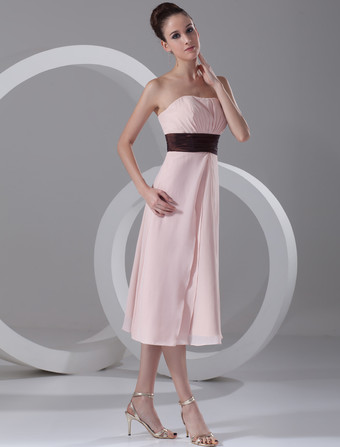ピーチ　プロムドレス　シフォン　ストラップレス　カクテルドレス　ルーシュ　ワイドウエスト　ホームカミングドレス　