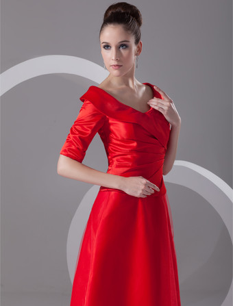 イブニングドレス Vネック プロムドレス ボールガウンライン パーティードレス レッド サテン ファスナー ロング丈 五分袖 フォーマルドレス 演奏会ドレス 結婚式 二次会ドレス 発表会 ナチュラルウェストライン ウェディング ティアード