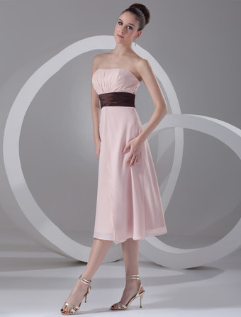 ピーチ　プロムドレス　シフォン　ストラップレス　カクテルドレス　ルーシュ　ワイドウエスト　ホームカミングドレス　