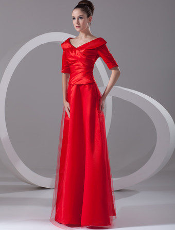 イブニングドレス Vネック プロムドレス ボールガウンライン パーティードレス レッド サテン ファスナー ロング丈 五分袖 フォーマルドレス 演奏会ドレス 結婚式 二次会ドレス 発表会 ナチュラルウェストライン ウェディング ティアード