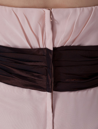 ピーチ　プロムドレス　シフォン　ストラップレス　カクテルドレス　ルーシュ　ワイドウエスト　ホームカミングドレス　