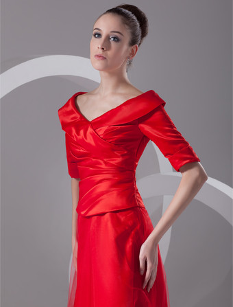 イブニングドレス Vネック プロムドレス ボールガウンライン パーティードレス レッド サテン ファスナー ロング丈 五分袖 フォーマルドレス 演奏会ドレス 結婚式 二次会ドレス 発表会 ナチュラルウェストライン ウェディング ティアード