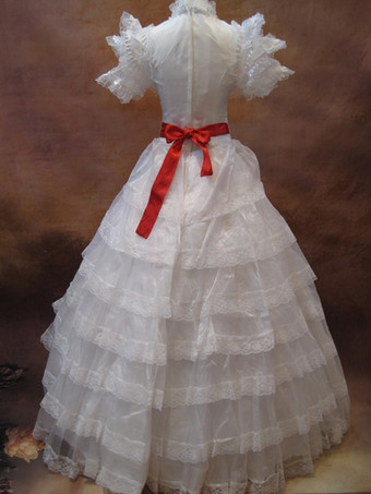 White Retro Costume Women's Rococo Ball Gown Ruffle Tiered Organza Royal Maxi Vintage Costume Dress With Ribbon Sash Halloween
