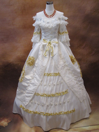ヨーロッパ宮廷洋装，エクリュホワイト　コスチューム衣装　リボン　ロココ調　女性用　大人用　