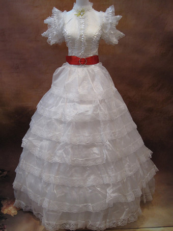 ヴィンテージファッション　レトロ服　コスチューム　ドレス　ジャガード　女性用　ホワイト　ロココ調　大人用　半袖　 ハロウィン