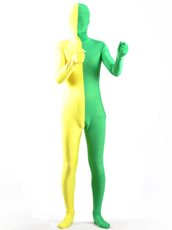 全身タイツ，ユニセックス　大人用　グリーン＆イエロー　仮装コスチューム　カラーブロック　開口部のない全身タイツ　