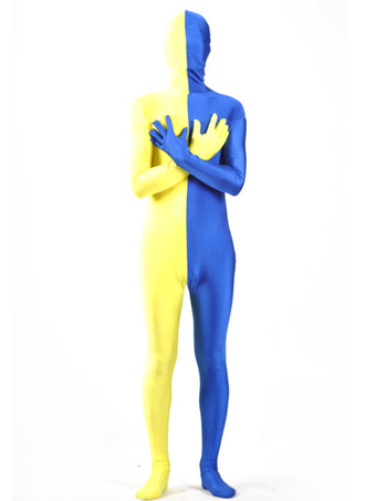 全身タイツ，ブルー＆イエロー　ユニセックス　大人用　仮装コスチューム　カラーブロック　開口部のない全身タイツ　 ハロウィン