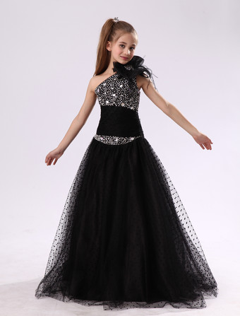 Flower Girl Dresses Black One Shoulder Junior Bridesmaid Rhinestone Beaded Kids Pageant Dress